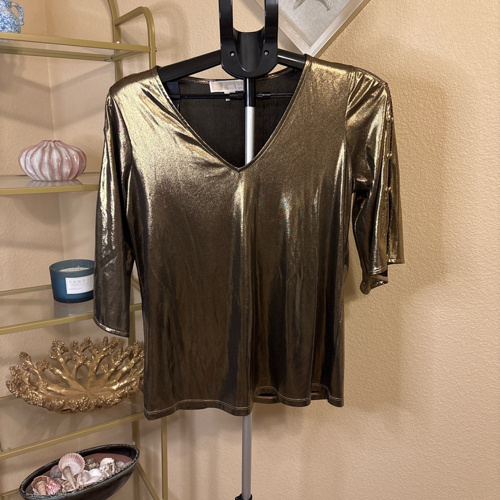 Michael Michael Kors Metallic Gold V Neck Party Top Size S
